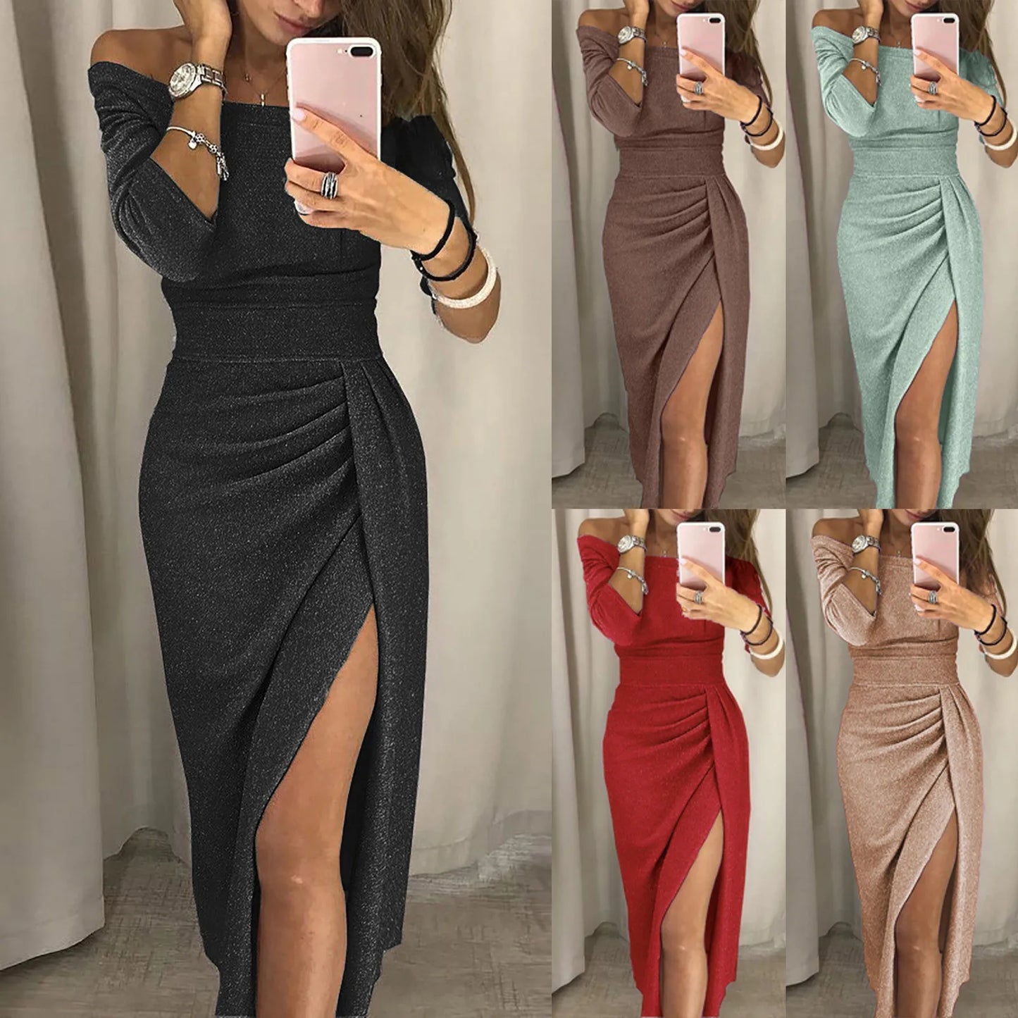 Long Sleeve Strapless High-Slit Tight Party Dress