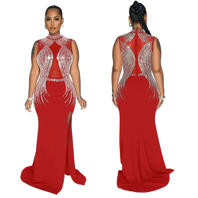 Round-Neck High-Slit Solid-Colour Hot Diamond Party Long Dress