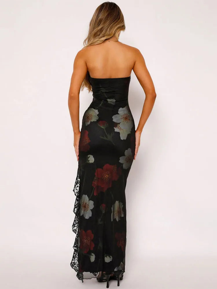 Backless Sleeveless Strapless Split Slim Long Lace Dress