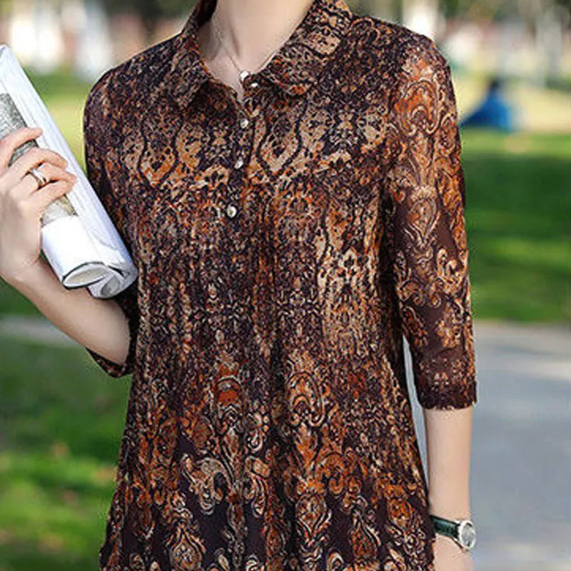 Turn-Down Collar Vintage Printed Blouse - Loose Midi Shirt