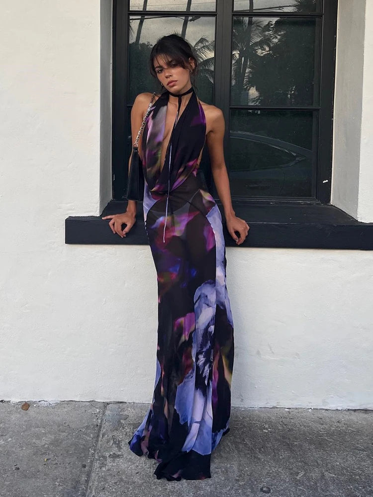 Backless Maxi Print Halter Bodycon Dress