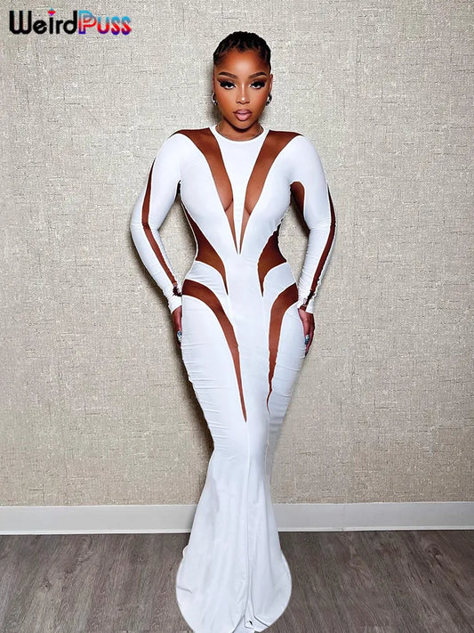 Mesh Patchwork Elegant Long-Sleeve O-Neck Maxi Bodycon