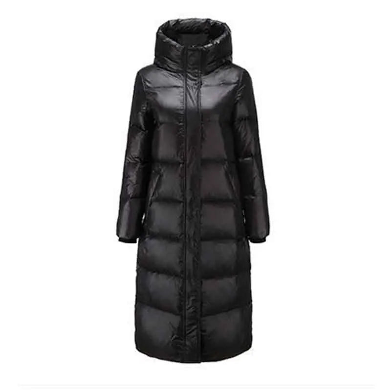 Over-The-Knee Glossy  Slim Hooded Winter Jacket