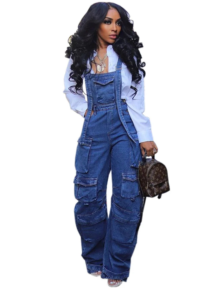 Sleeveless Wide-Leg Vintage Loose Denim Pocket Overalls