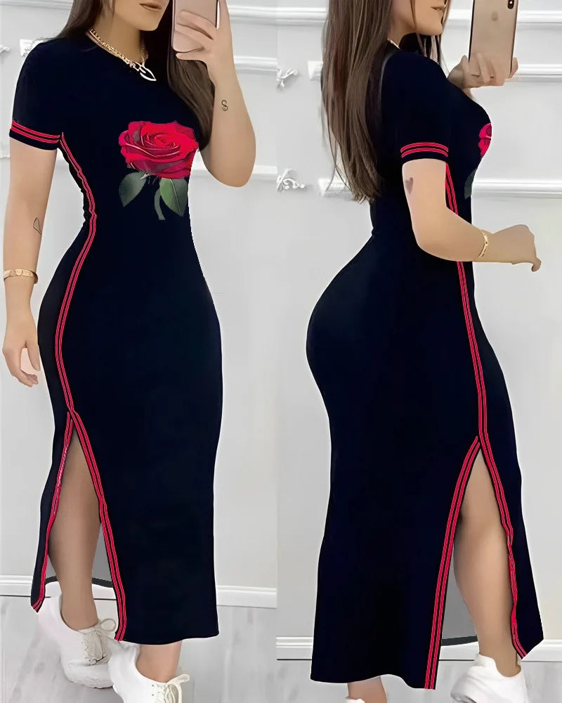 Striped High-Slit Casual O-Neck Maxi Dress