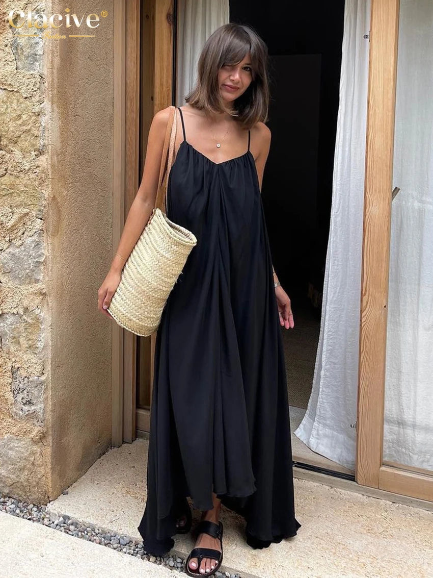 Clacive Loose Black Fashion Strap Sleeveless Ankle-Length Dress