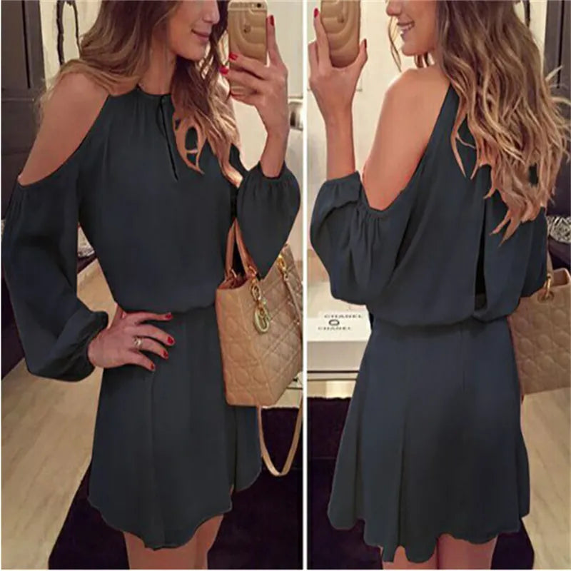 Elegant Long-Sleeve Chiffon Off-Shoulder Ruffled Dress