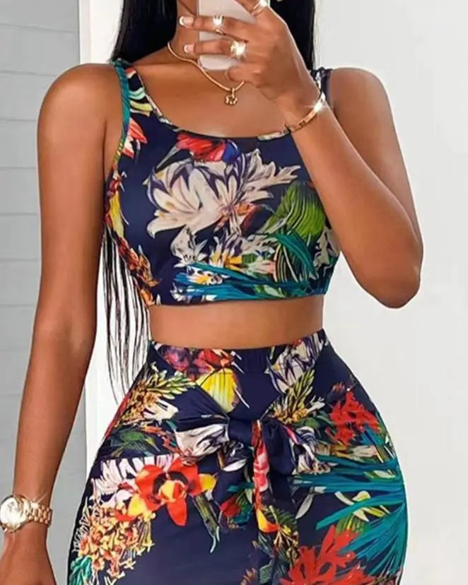 Vintage Two-Piece Tropical Print U-Neck Women's Outifit