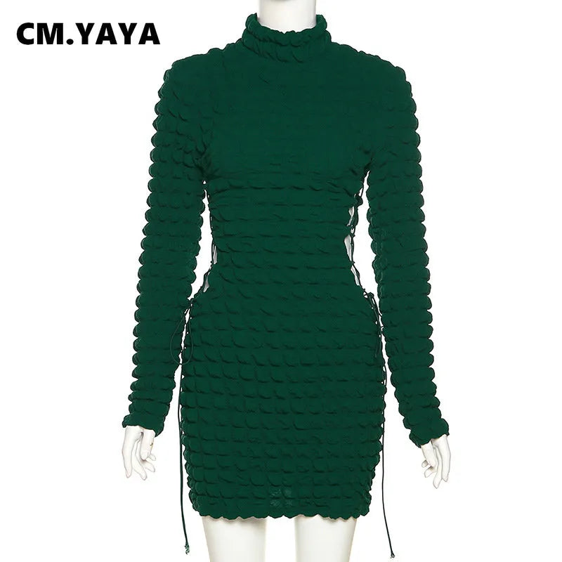 CM Yaya Long-Sleeve Seersucker Turtleneck Drawstring Lace-Up Cut-Out Waist Bodycon Midi Stretch Dress