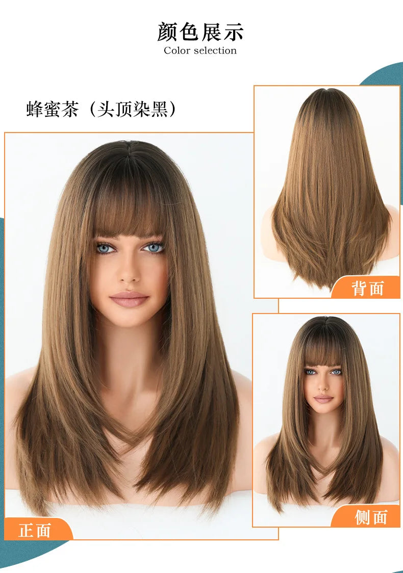 22“ Long Omber 3Style Black Brown Straight Women’s Cosplay Hair Wig