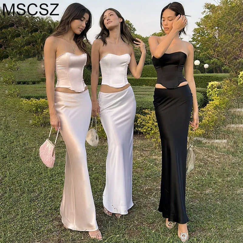 Elegant High-Waist Long Satin Skirt Set -  2-Piece Evening Party Outfit