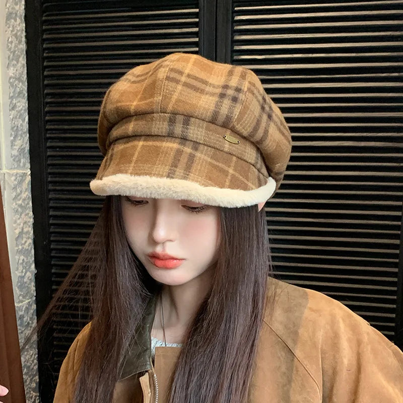 Vintage Plaid Plush Warm Octagonal Hat