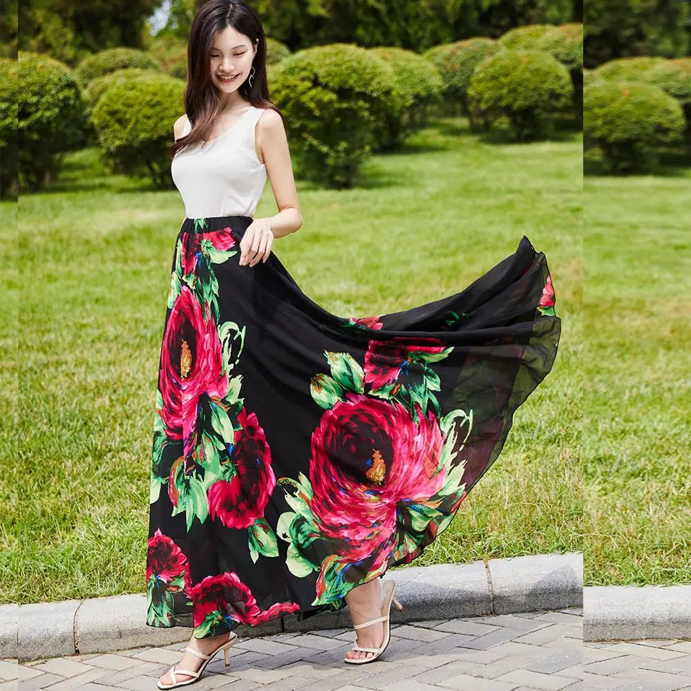 Big-Hem Flower Maxi Skirt