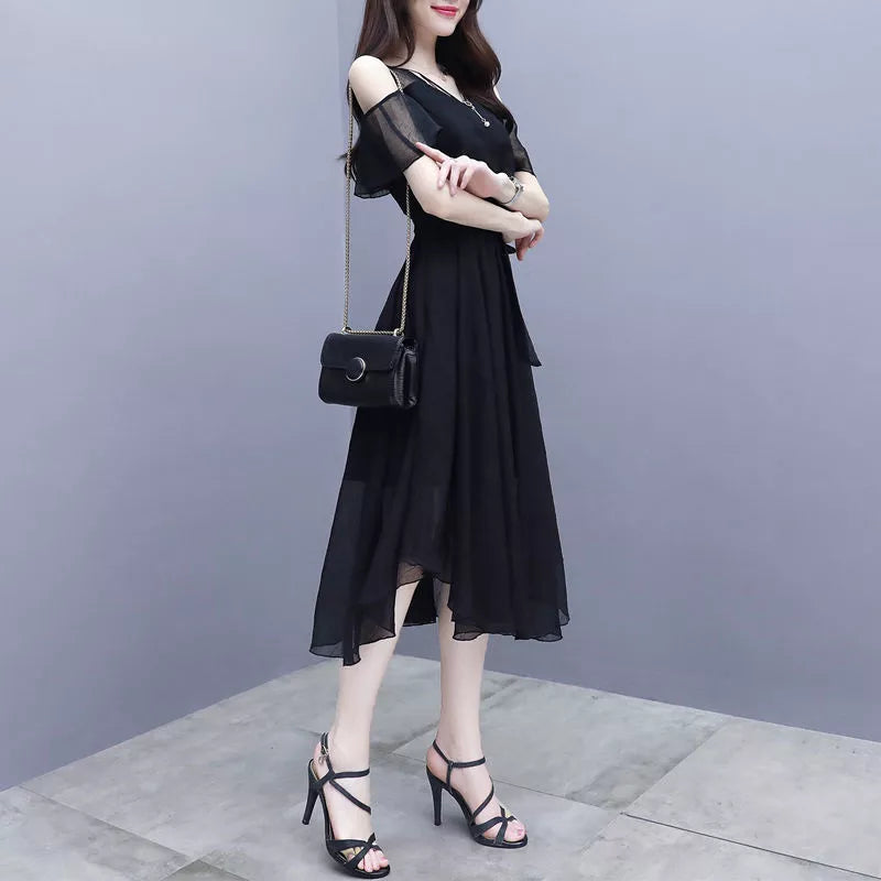 Elegant Fashion V-Neck Zipper Off-Shoulder Short-Sleeve A-Line Dress