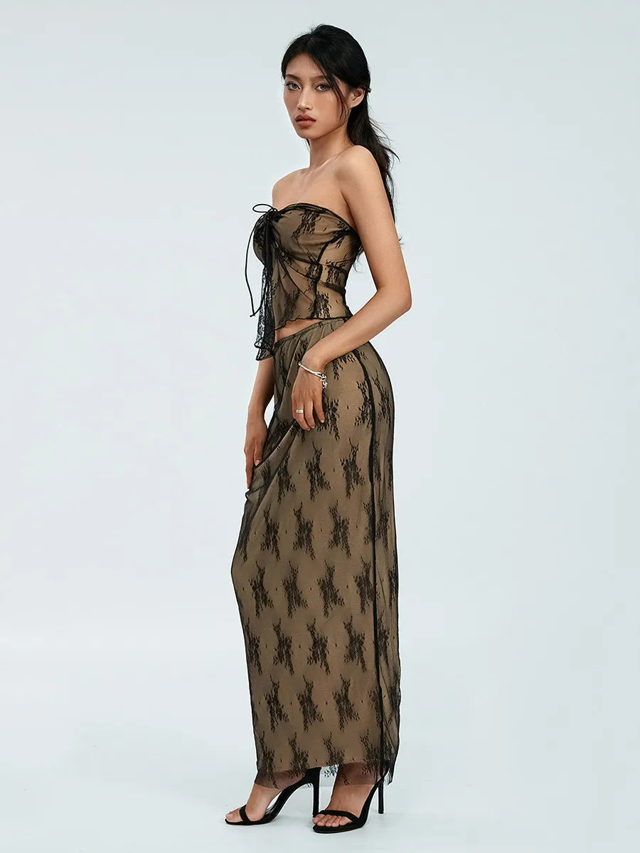 Strapless Drawstring Split-Hem Lace Outfit