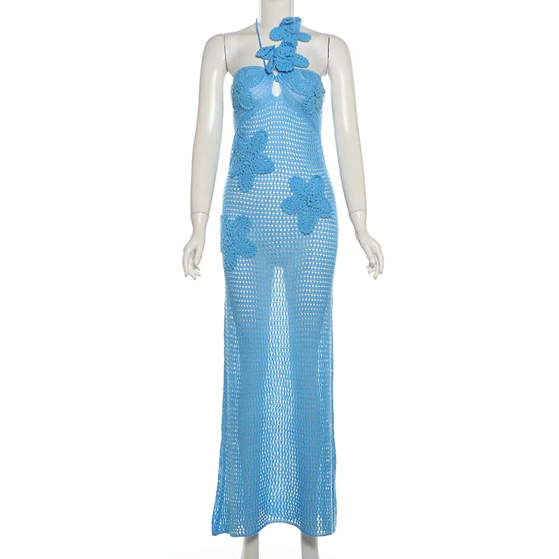 Women’s Beach Dresses Sexy Backless Knitted Long Dress Star Crochet Maxi Dresses 2024 Summer Women Beach Wear