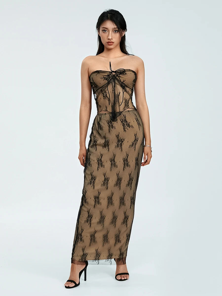 Strapless Drawstring Split-Hem Lace Outfit