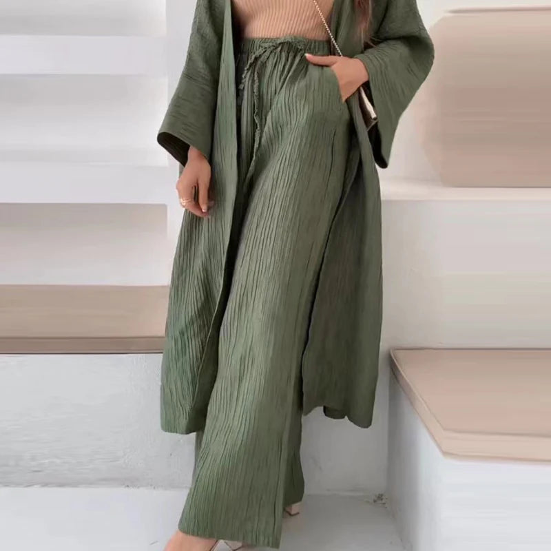 Classic Pleated Texture Top + Straight Casual Pants - Two-Piece Set For Women