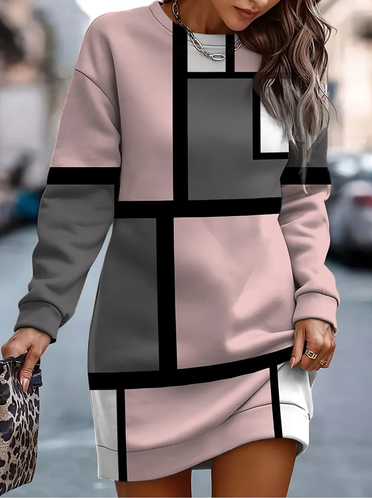 Fashion Print Contrast Round-Neck Sweater Dress