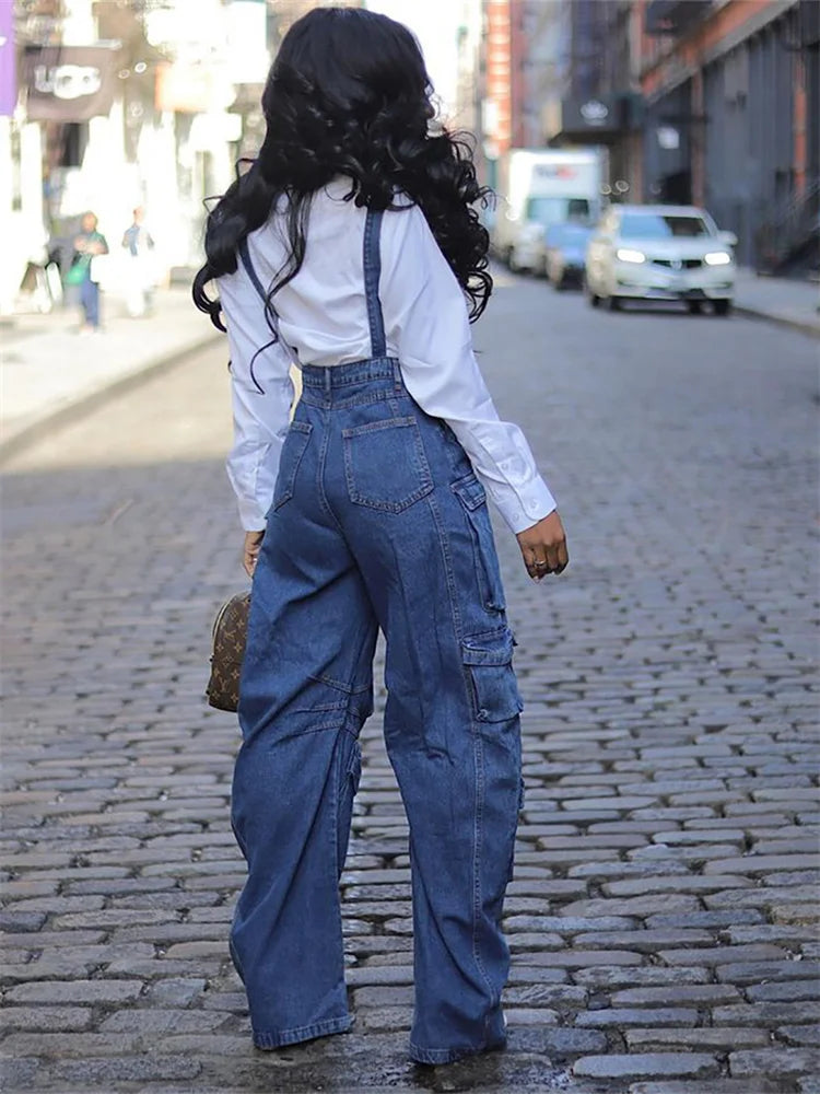 Sleeveless Wide-Leg Vintage Loose Denim Pocket Overalls