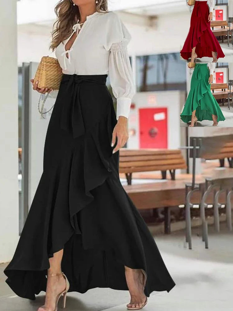 Ruffle-Hem Casual Elastic-Waist Mermaid Maxi Skirt