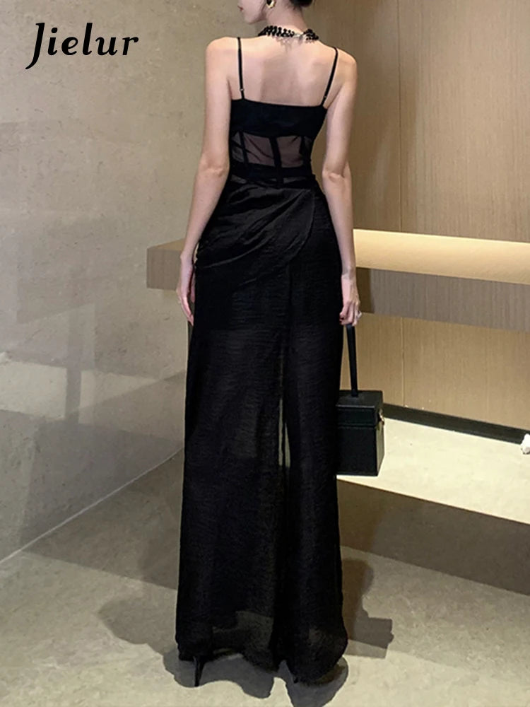 New French-Style Black Slim-Waist Split Sleeveless Evening/Party Dress