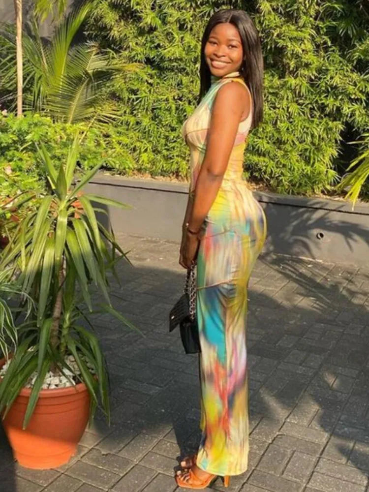 Kliou Aesthetic Colourful Tie-Dye Bodycon Maxi Dress
