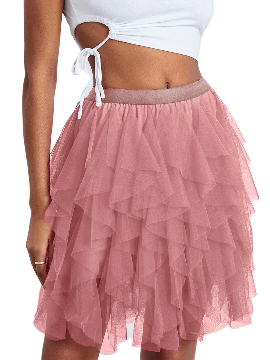 Elastic Layered Mesh Fairy Mini Skirt