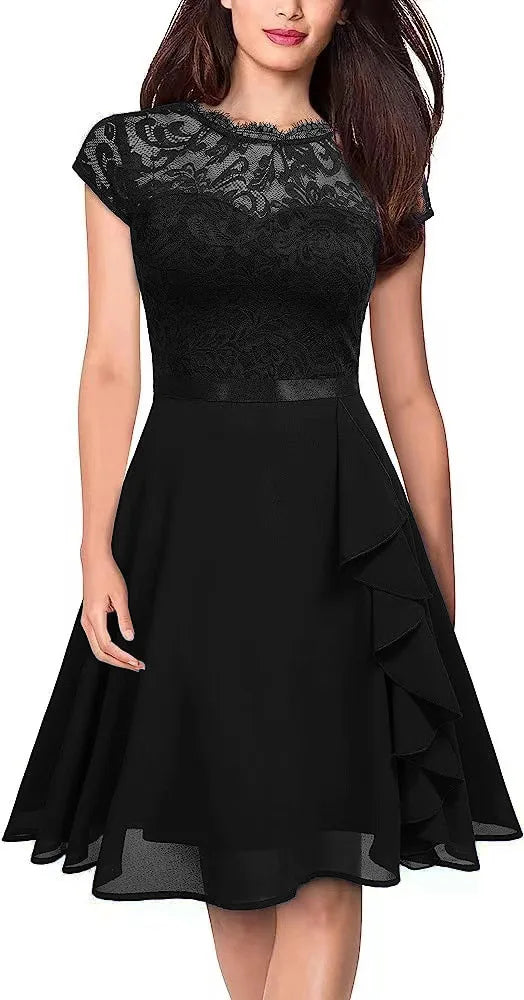 Lace Patchwork Hollow-Out Big-Swing Party Dress