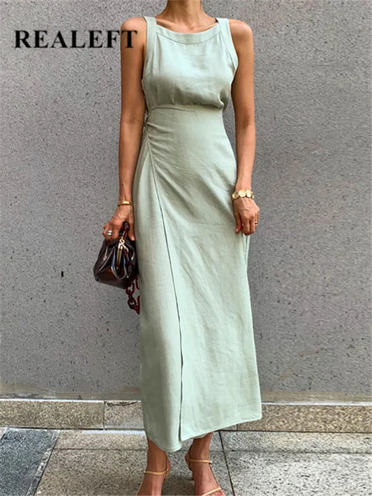 REALEFT Vintage Lace-Up Maxi Sashes Sleeveless Female Tank Beach Dress