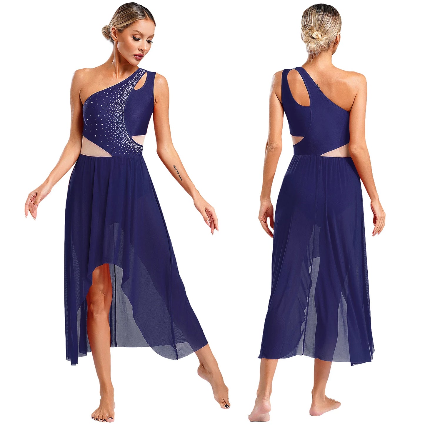 Women Lyrical Dance Costume Sleeveless Rhinestone Ballet Gymnastic Leotard Skirt with Crop Top Set Contemporary Dance Dress