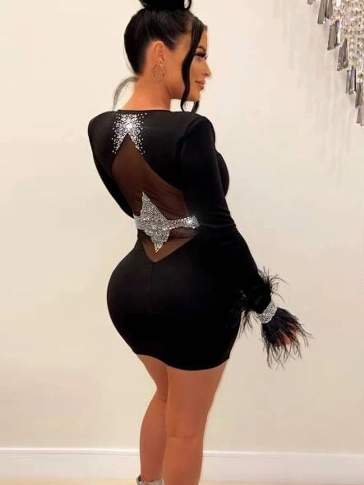 Beyprern Beautiful Crystal Feather Detail Mini Dress