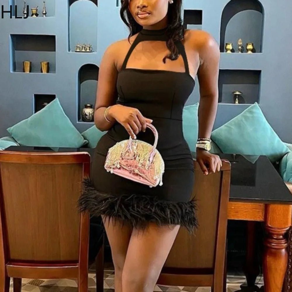 Feather Splicing Bodycon Mini Dress