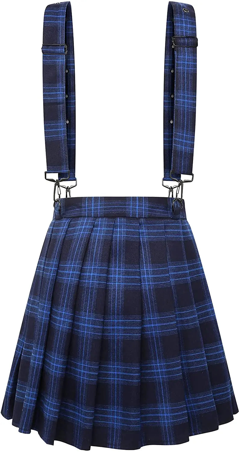 A-Line Decorative Strap Plaid Pleated Mini Skirt