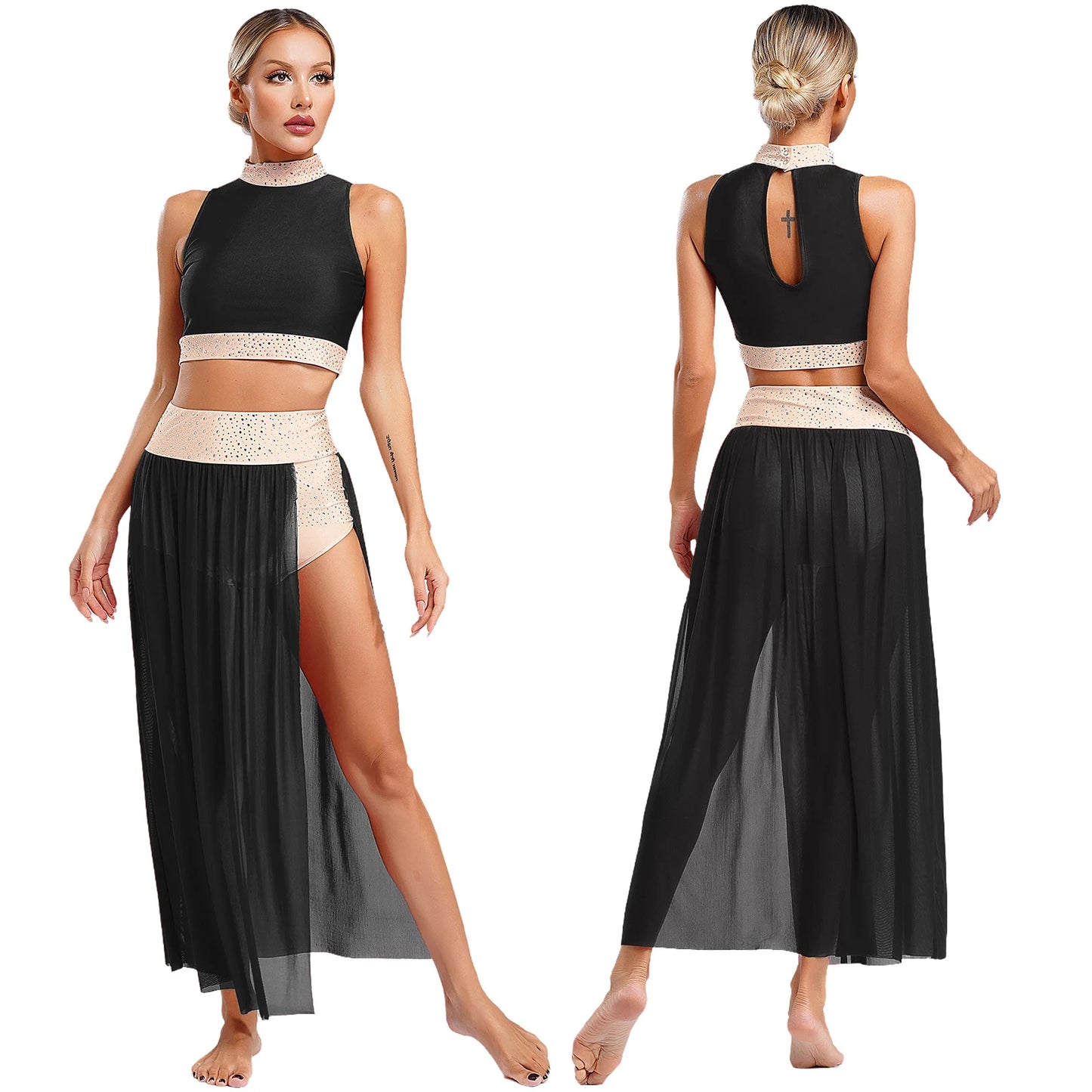 Women Lyrical Dance Costume Sleeveless Rhinestone Ballet Gymnastic Leotard Skirt with Crop Top Set Contemporary Dance Dress