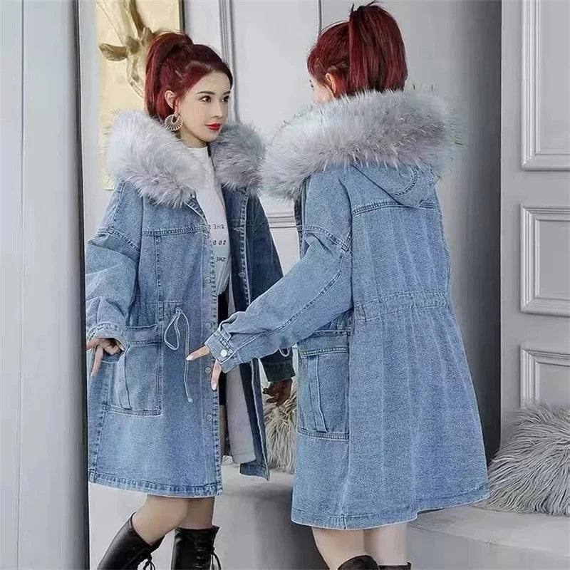 Hooded Fur-Collar Long Denim Coat For Women