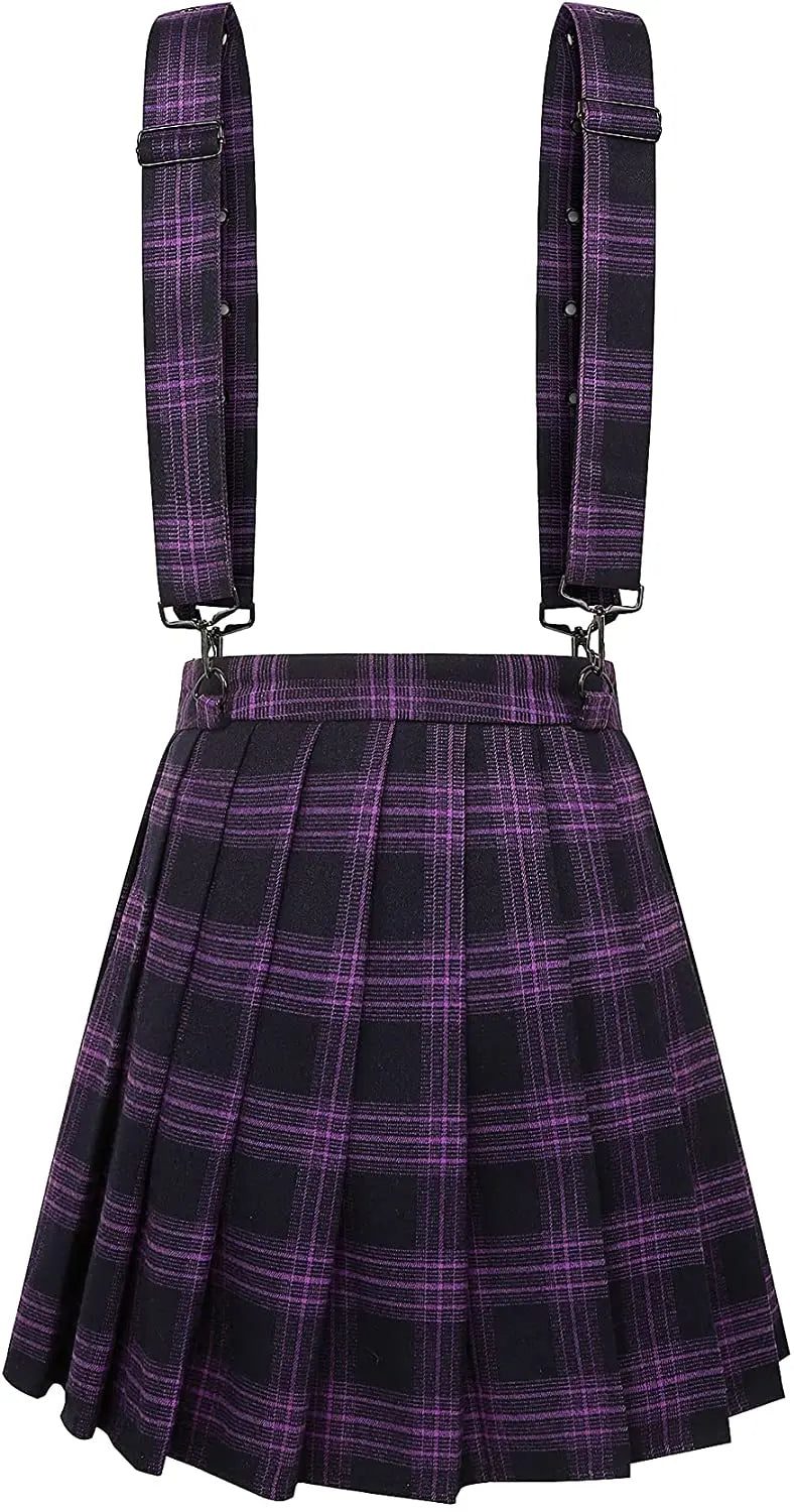 A-Line Decorative Strap Plaid Pleated Mini Skirt