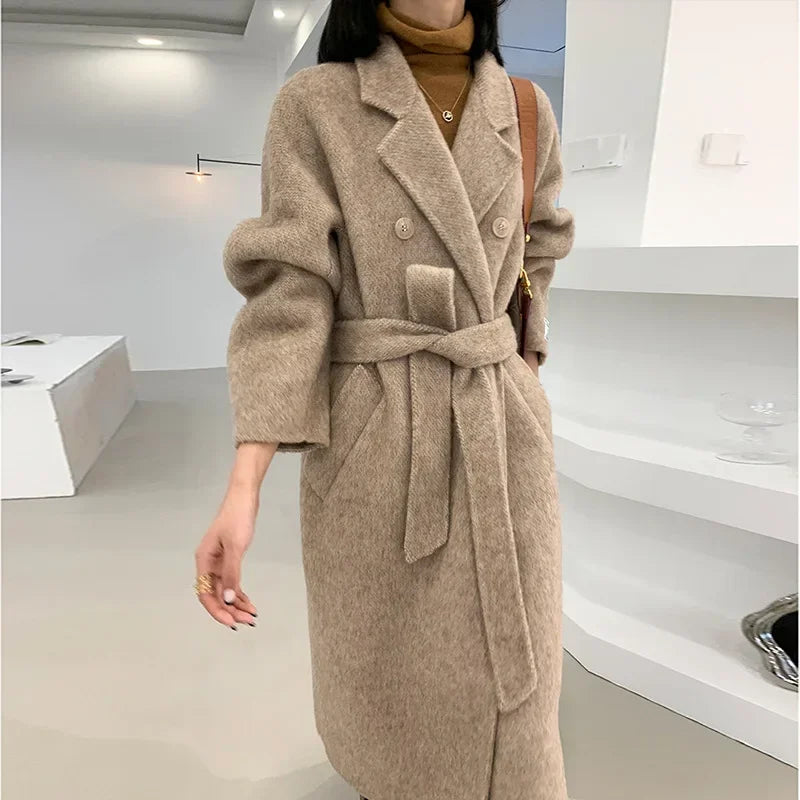 Classy Double-Breasted Solid-Colour Woolen Belt Coat For Women