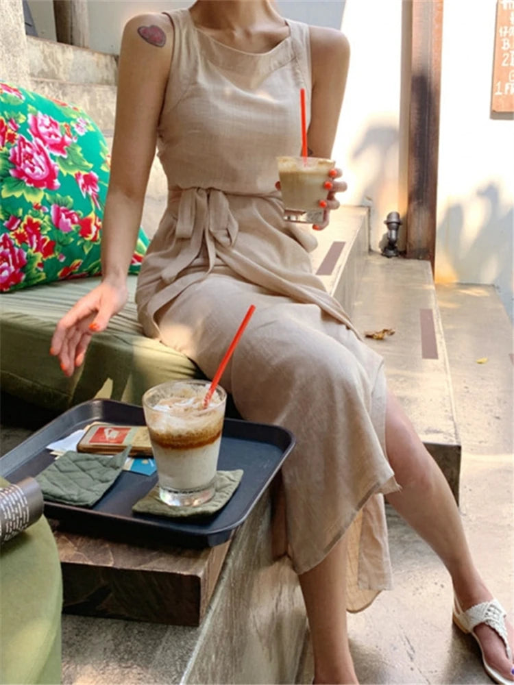 REALEFT Vintage Lace-Up Maxi Sashes Sleeveless Female Tank Beach Dress