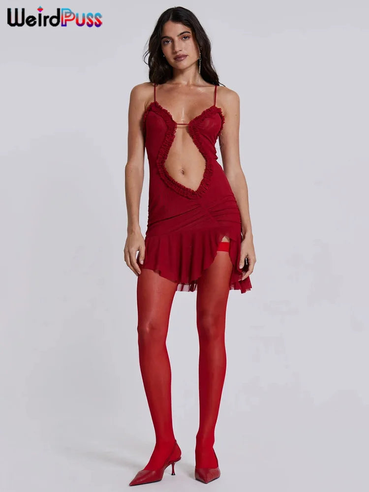 Weird Puss Mesh Ruffles Hollow See-Through Irregular Side-Split Mini Dress