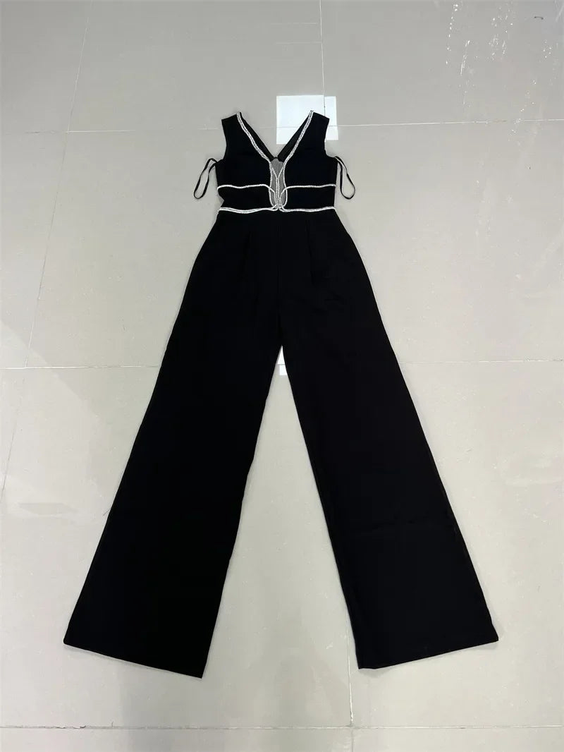 Low-Cut Water Diamond Wrapped jumpsuit