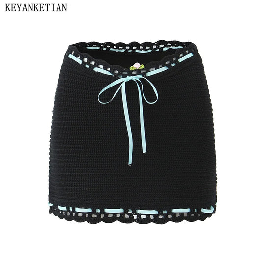 Applique Knit Drawstring Mini Skirt