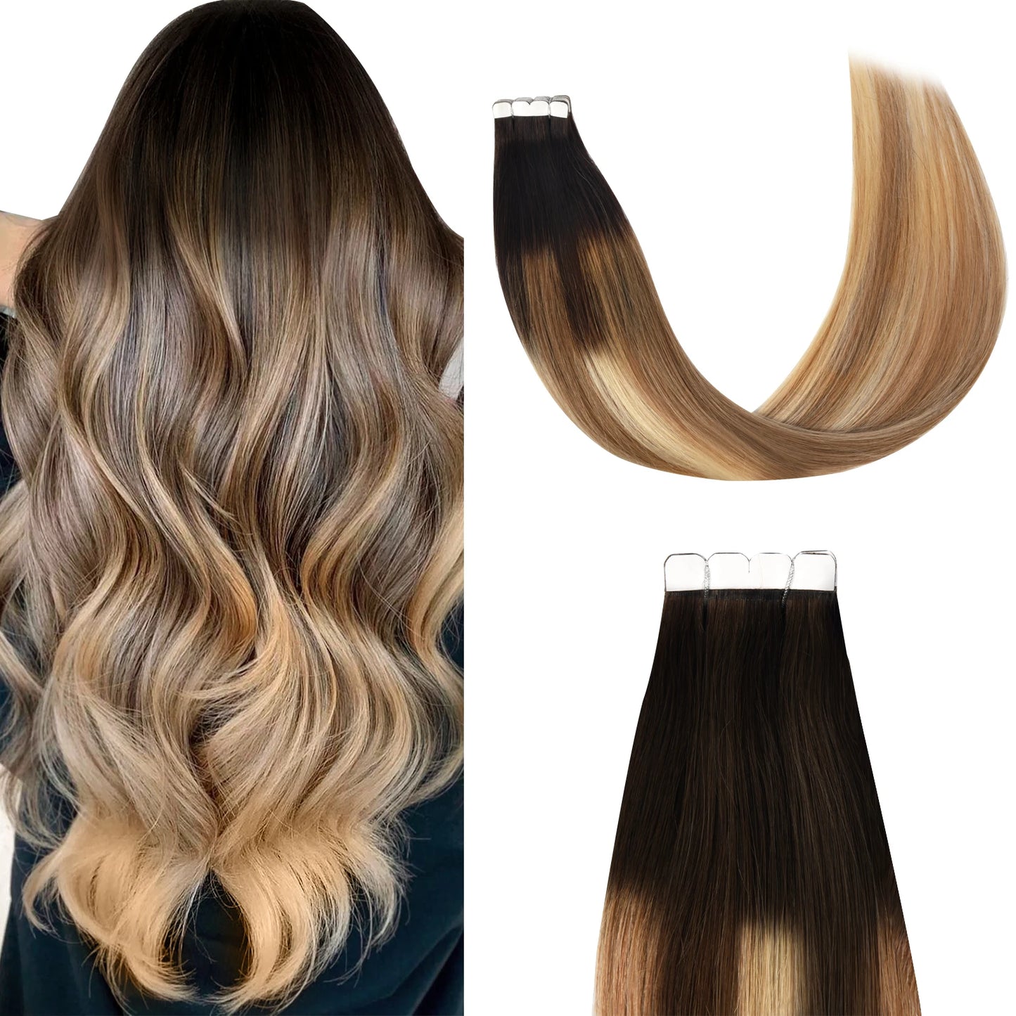 K.S WIGS Mini Tape in Hair Extensions Human Hair Straight Seamless Skin Weft Real Natural Brazilian Hair For Women Balayage 10Pc