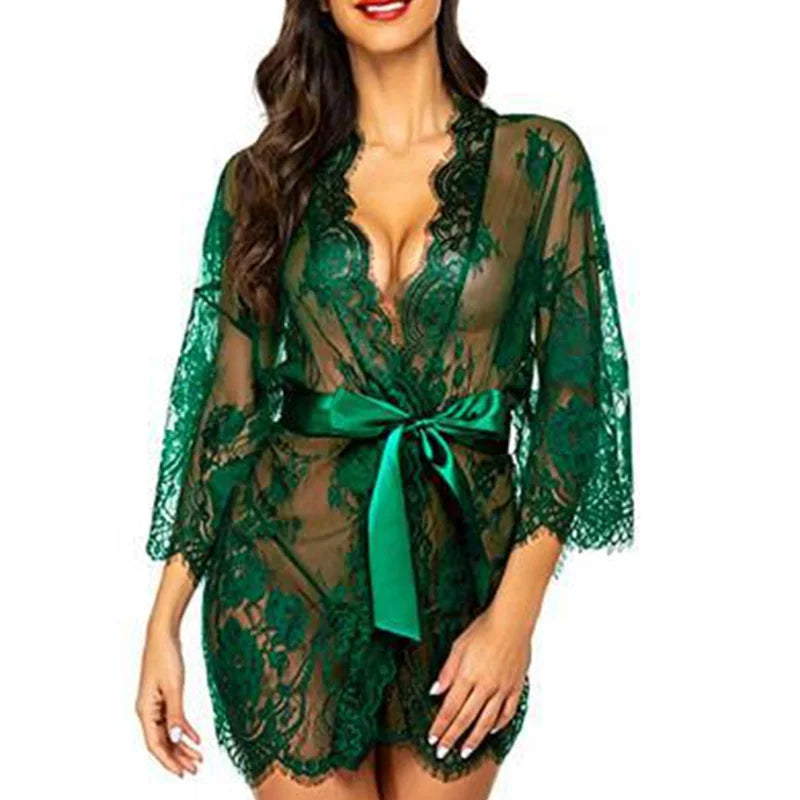 Bandage Deep V G-String See-Through Sexy Sheer Lingerie Sleep Dress Robe