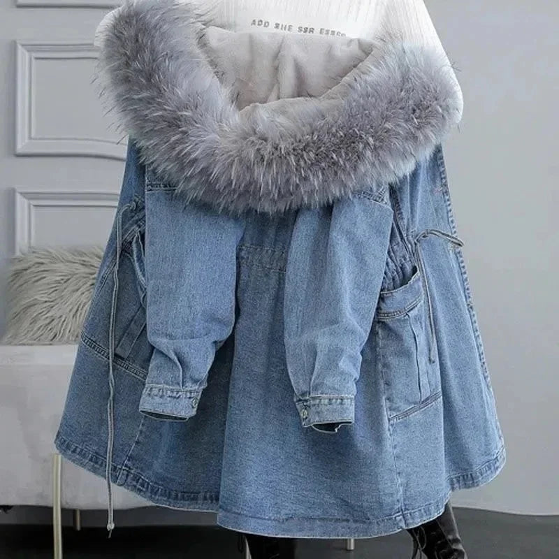 Hooded Fur-Collar Long Denim Coat For Women