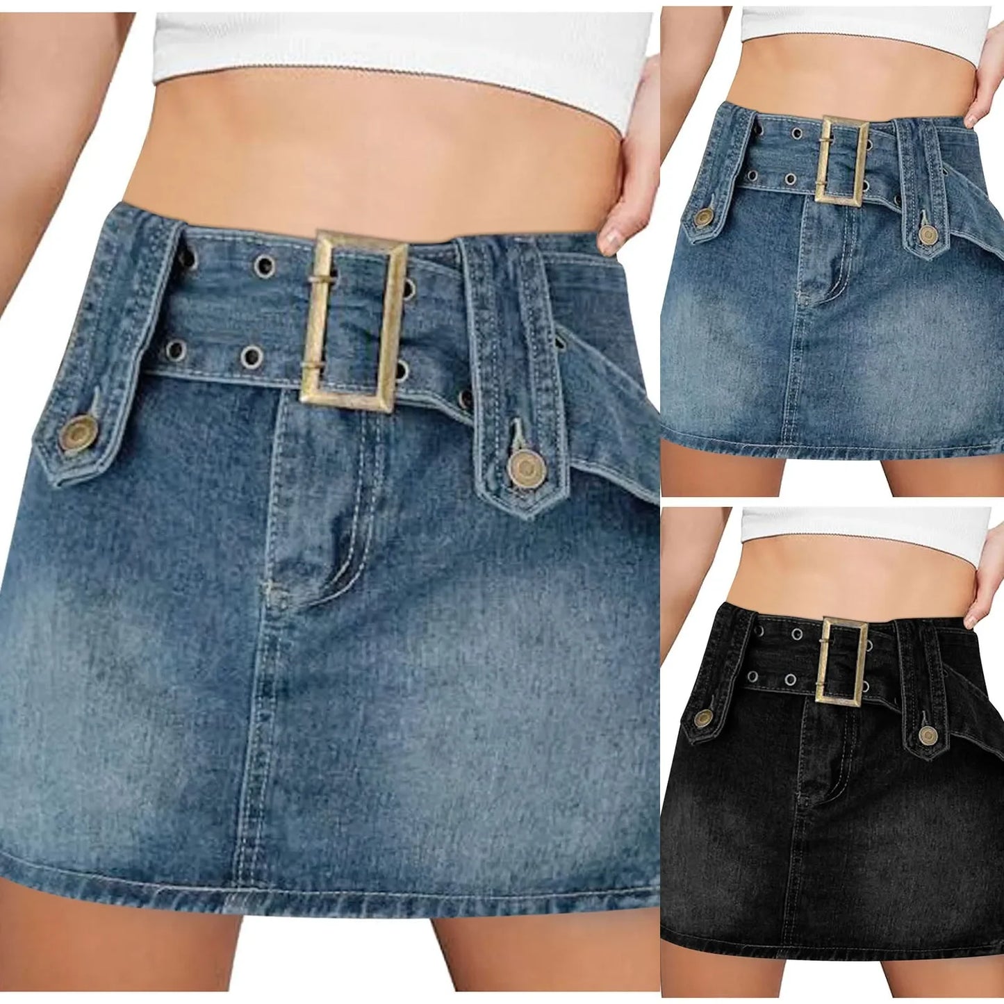 Tight High-Waist Denim Cargo Mini Skirt With Belt