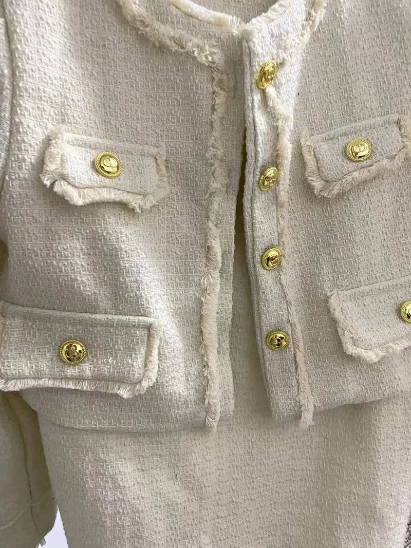 Women Tweed Fragrant Suit Jacke Coat Top And Long Skirt Two Piece Set Matching Outfit Jacquar Elegant Prom Party Clothing 2023