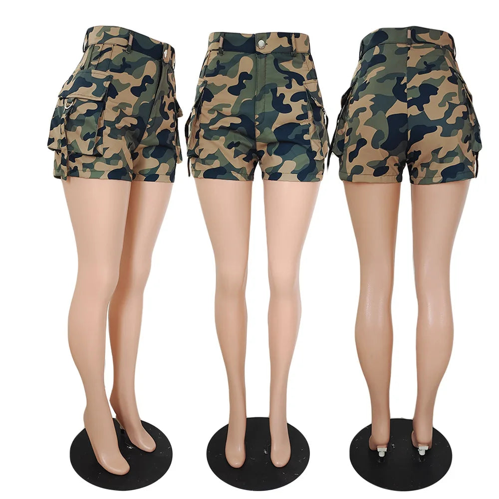 High-Waist Pockets Camouflage Print Camo Shorts