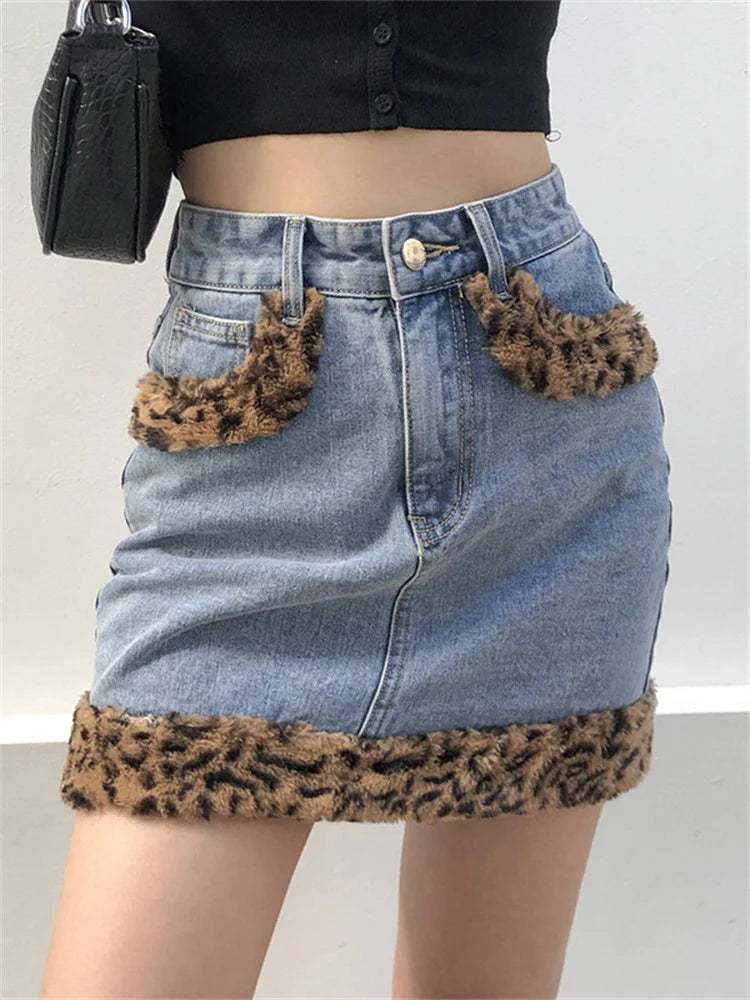 Leopard Printed Skinny Bodycon Aesthetic Denim Skirt