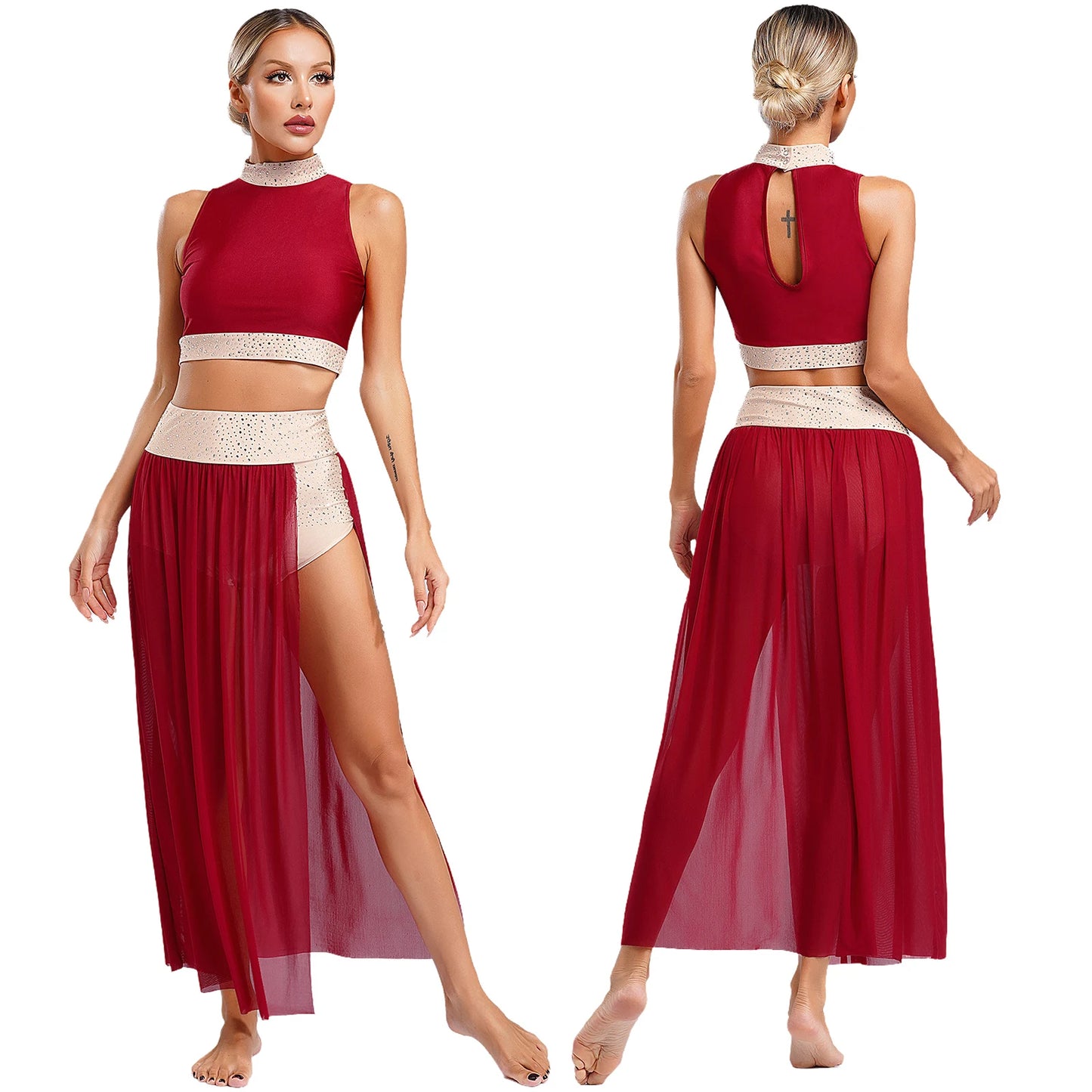 Women Lyrical Dance Costume Sleeveless Rhinestone Ballet Gymnastic Leotard Skirt with Crop Top Set Contemporary Dance Dress